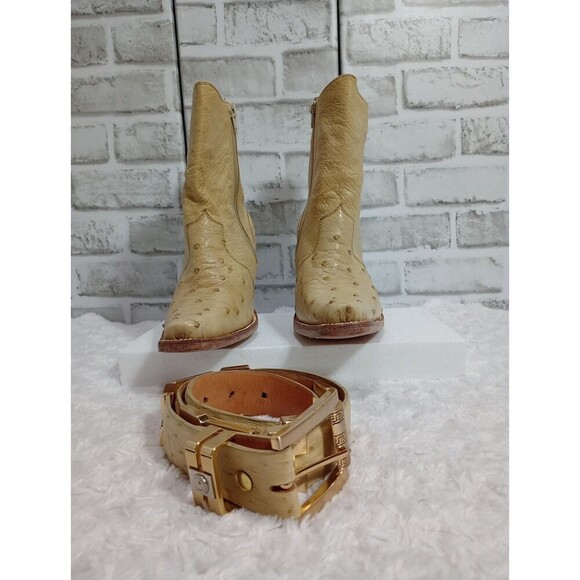 MEXICAN WOMEN'S HEELED ANKLE BOOTS & BELT Beige/Tan Color OSTRICH - Picture 1 of 16